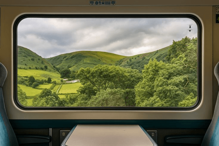View through a train window across green hills
